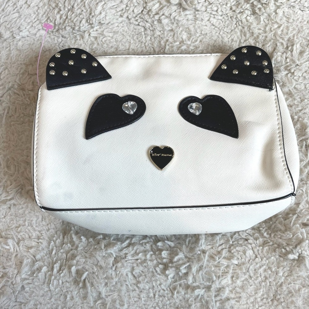 Betsey Johnson Panda Bear Cosmetic Bag White Faux Leather Floral Lining Studded